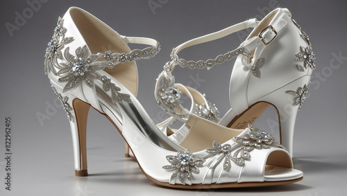 A pair of peep-toe high heels with floral embroidery and a stiletto heel.