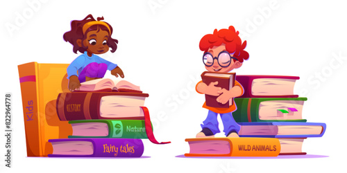 Children read book. Girl kid in library study. Happy little boy in glasses isolated with textbook. Smart african toddler sit in kindergarten and with fairytale literature diverse clipart collection.
