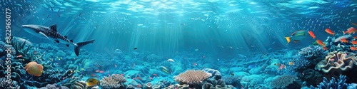 Ocean Marine Life. Banner of Beautiful Coral Reef with Tropical Fish and Sea Creatures in Caribbean