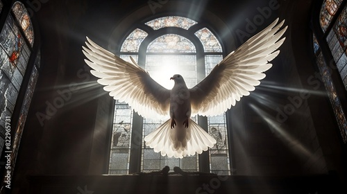 a white pigeon fly front of a church colorful glass window, bright light from a window, peace, and religious beliefs