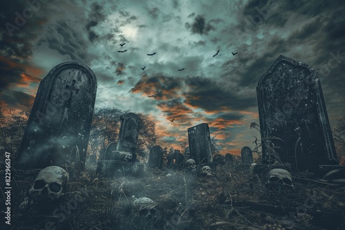 A creepy Happy Halloween design template highlighting a graveyard scene with tombstones and skeletons under a cloudy night sky