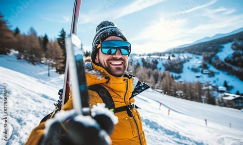 Happy skier taking selfie pic with smart cell phone device outside - Young man having fun on weekend activity in ski resort vacation - Winter sport, Generative AI