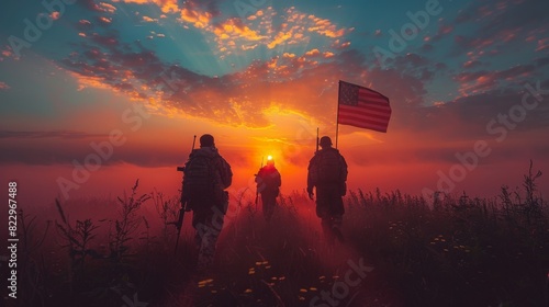 Soldiers and American flag on sunrise background, concept National holiday, Flag Day, Veterans Day, Memorial Day, Independence Day, Patriots Day, high resolution, 4k HD wallpaper, background, generate
