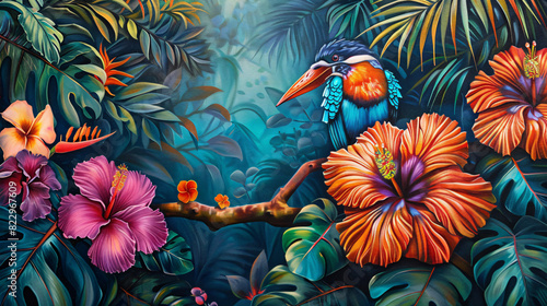 Colorful painting of a tropical paradise with lush leaves, bright flowers, and an exotic bird