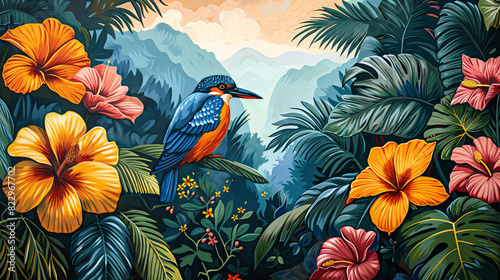 Colorful painting of a tropical paradise with lush leaves, bright flowers, and an exotic bird