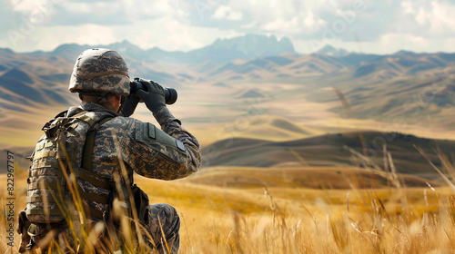 Soldier using binoculars in vast landscape, concept of surveillance and security