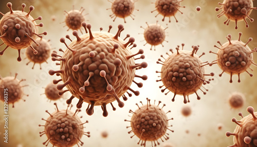 Brown dangerous virus, flu infection medical Microscopic view of floating pathogen respiratory influenza virus cells.