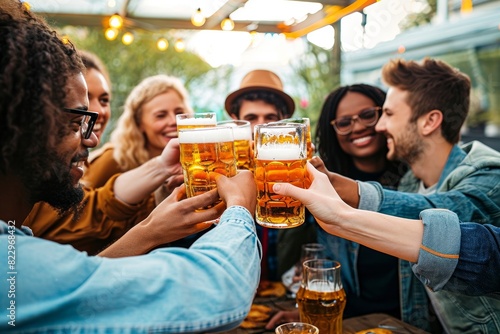 Happy multiracial friends toasting beer glasses at brewery pub - Group of young people having fun hanging out drinking at rooftop bar restaurant - Focus on, Generative AI