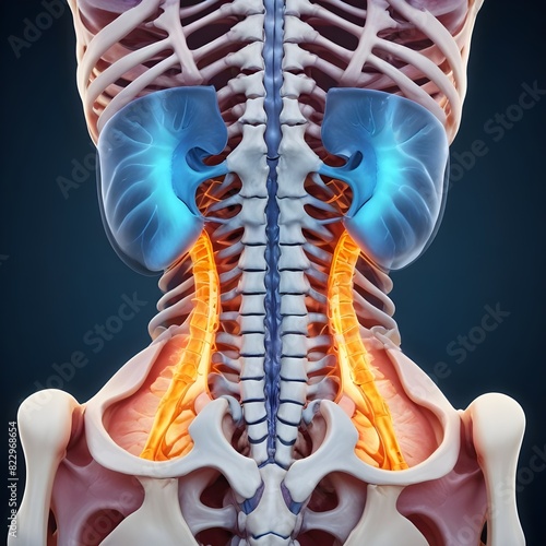 Detailed illustration of back MRI, focusing on lumbar spine, highlighting vertebrae and discs.