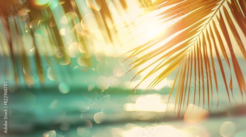 Blur beach with palm leaf abstract background. Summmer vacation concept. Generative Ai