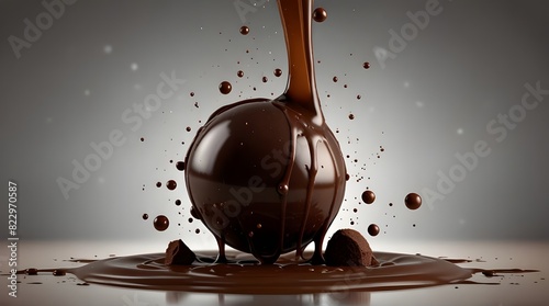 Chocolate ball falling with sauce splashing in the air isolated on transparent background, dessert sweet concept, piece of dark chocolate.