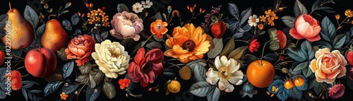 vibrant still life painting of a variety of flowers and fruit against a dark background