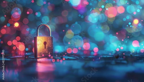 Close-up of a padlock amidst colorful bokeh lights, symbolizing security, protection, and data privacy in a vibrant abstract background.