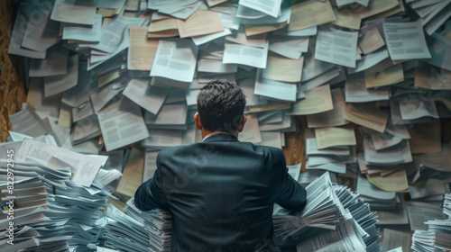 Businessman in the middle of a pile of documents and papers, with a huge amount of work to do in the concept, shown from the rear view