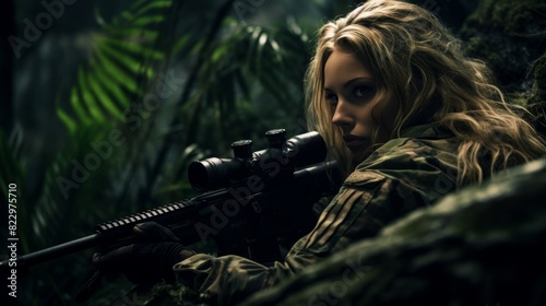 Sniper android woman lying in wait in a jungle environment, side view, focusing on precision, advanced tone, Complementary Color Scheme