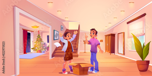 Happy teenagers standing near open cardboard box in house hall interior with Christmas tree. Cartoon vector illustration of smiling boy and girl children with carton package during New Year holiday.