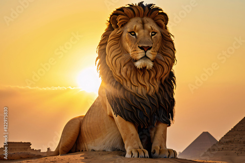 A majestic lion with a big mane basks in the sun on a rock