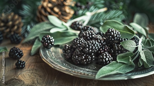 An instant photo of a Christmas setting featuring blackberries on a platter with sage leaves, depicting a realistic winter scene without snow