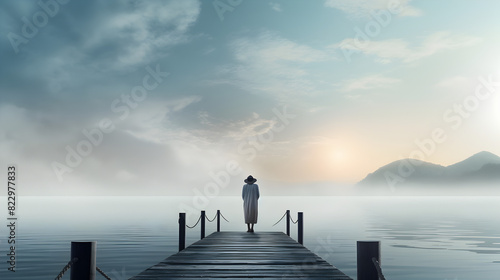 Man in fog over a lake looking at the rising sun in clouds