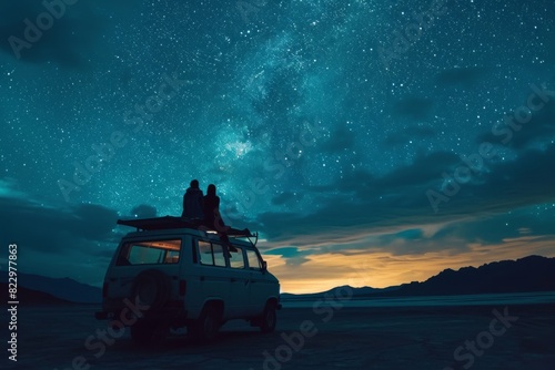 A couple enjoying stargazing from the top of a van, AI-generated