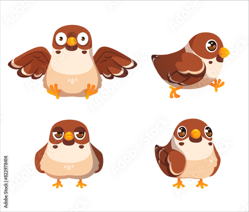 Cute sparrow character cartoon isolated set. Flying small bird icon with different emotion expression. Surprised, walking and serious childish mascot graphic with wild pet comic drawing collection