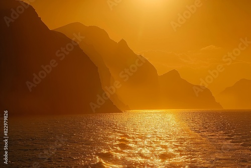 Sunset over coastal cliffs with empty space for text against an orange backdrop