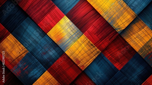 Funky plaid pattern in red, blue, and yellow, copy space,
