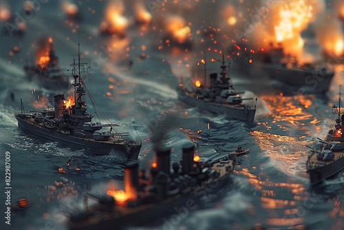 Fearsome naval warships, U-boats and battleships locked in devastating sea combat, thunderous artillery fire displaying the awesome military might of the navy