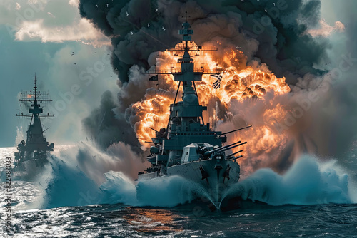 Fearsome naval warships, U-boats and battleships locked in devastating sea combat, thunderous artillery fire displaying the awesome military might of the navy