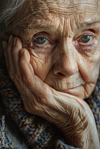 An elderly woman's sorrowful face, gaze distant as a weathered hand rests on her cheek, lost in melancholic contemplation and cherished memories