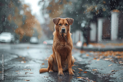 A cute dog sitting on the street, looking at the camera, with raindrops falling down its head.