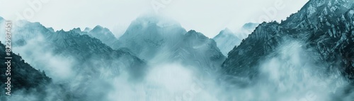 Rolling fog over mountain pass offers a serene backdrop with space for text at the bottom