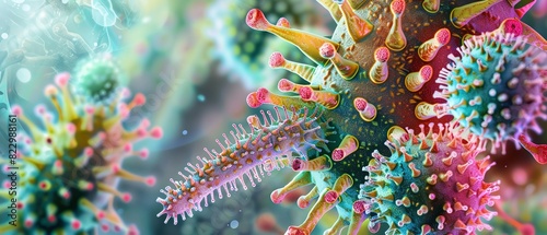 Close-up image of multicolored viruses or bacteria under a microscope with vibrant colors and intricate details. Microbiology and pathology concept.