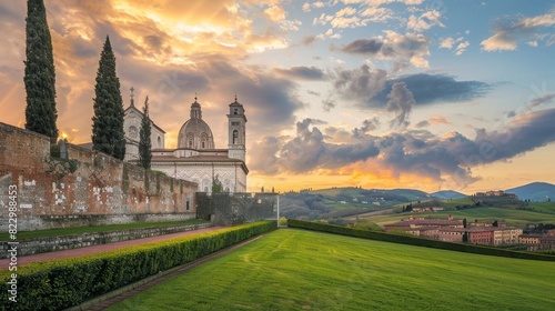 Italian cathedral and ancient castle buildings with stunning views and green grass