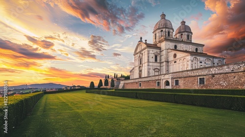 Italian cathedral and ancient castle buildings with stunning views and green grass