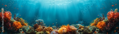 A vibrant coral reef underwater, set against an isolated sea blue background, with ample copy space at the bottom