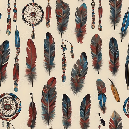 Native American cultural objects: feathers, headdresses, dream catchers