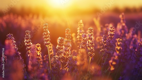 Lavender field at sunset with a golden glow
