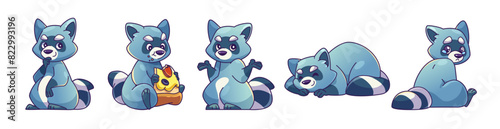 Cute racoon mascot in different poses. Cartoon vector set of funny comic wild animal siting thoughtful, eating pizza triangle, confused with arms spread apart, lying sleeping and offended crying.