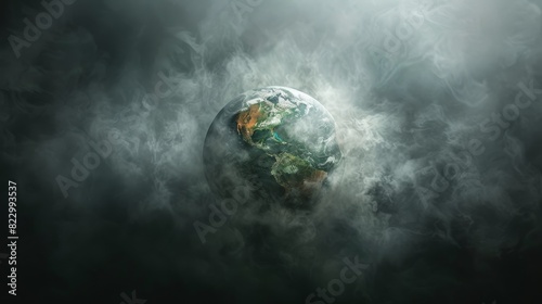 The image shows the planet Earth shrouded in a thick layer of smog. The air is polluted and the planet is in danger. We need to take action to save our planet.