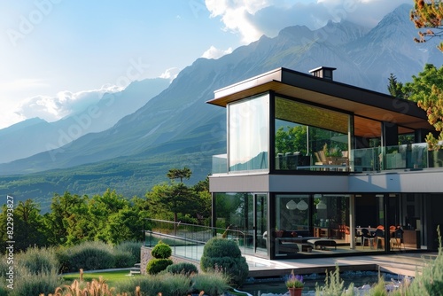 Luxurious glass villa with stunning mountain views in contemporary minimalist style