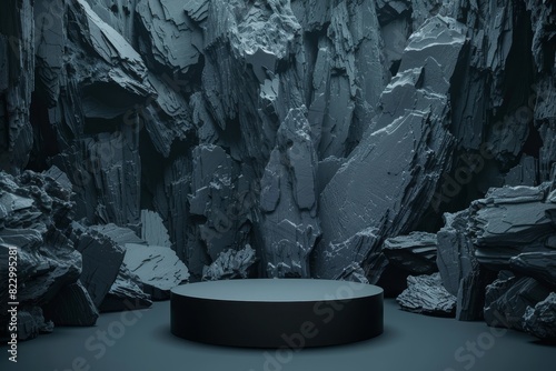 Black round empty podium for product display against black rocky wall for presentation