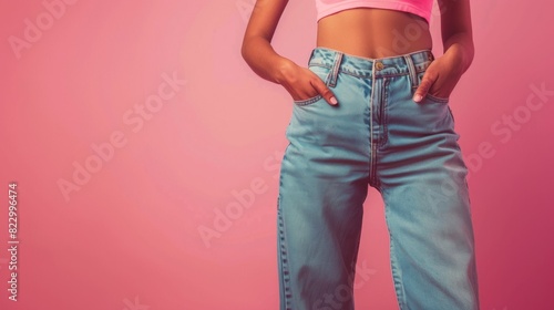 Close-up of a woman holding a measuring tape to display her slim body against a pink background. There's ample space for text.
