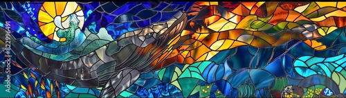 Jonah and the whale a dynamic stained glass depiction with deep sea blues and the contrast of Jonahs figure