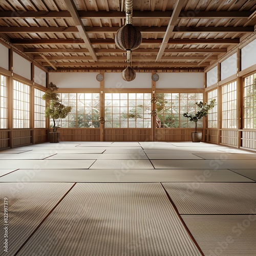 A serene setting of an empty martial arts dojo with traditional tatami mats and minimalistic decor, creating an atmosphere of calm and readiness, great for facility promotions and event invitations.