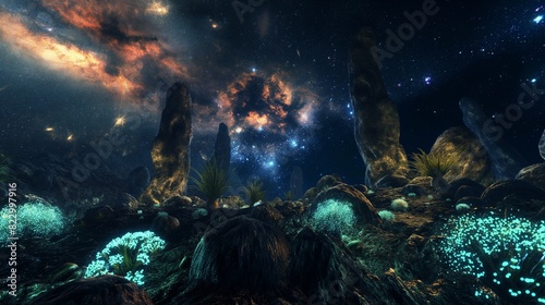 A 3D alien planet surface with bizarre rock formations and a glowing, bioluminescent vegetation under a galaxy-filled sky. 32k, full ultra hd, high resolution