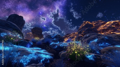 A 3D alien planet surface with bizarre rock formations and a glowing, bioluminescent vegetation under a galaxy-filled sky. 32k, full ultra hd, high resolution