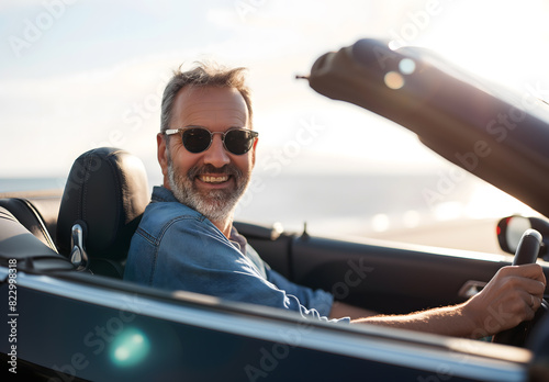 A happy senior man driving his convertible car on the beach on a sunny day with sunlight
