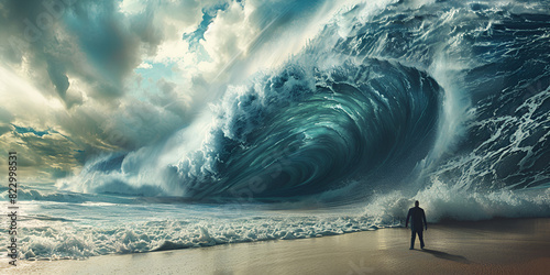 A man standing in the center of an endless Ocean Wave made out light and water, light at end of tunnel in fantasy world, surrealistic style, A large fast moving wave smashes into the ocean background