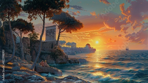 painting of the Greek sea and pine trees